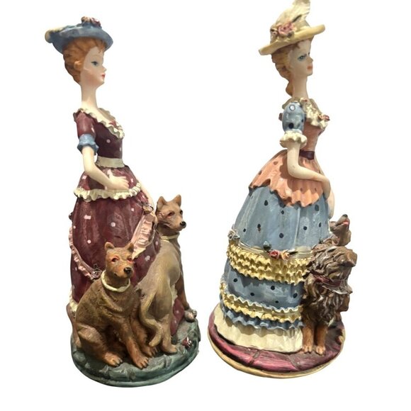 Vintage Victorian Ladies Walking Dogs Figurines With Dogs Set Of 2 - Picture 2 of 9